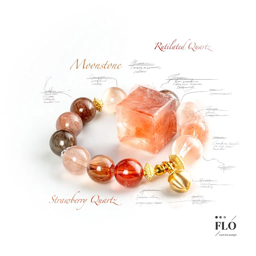 RUYI Moonstone, Strawberry Quartz & Rutilated Quartz Bracelet for Love, Vitality & Abundant Fortune